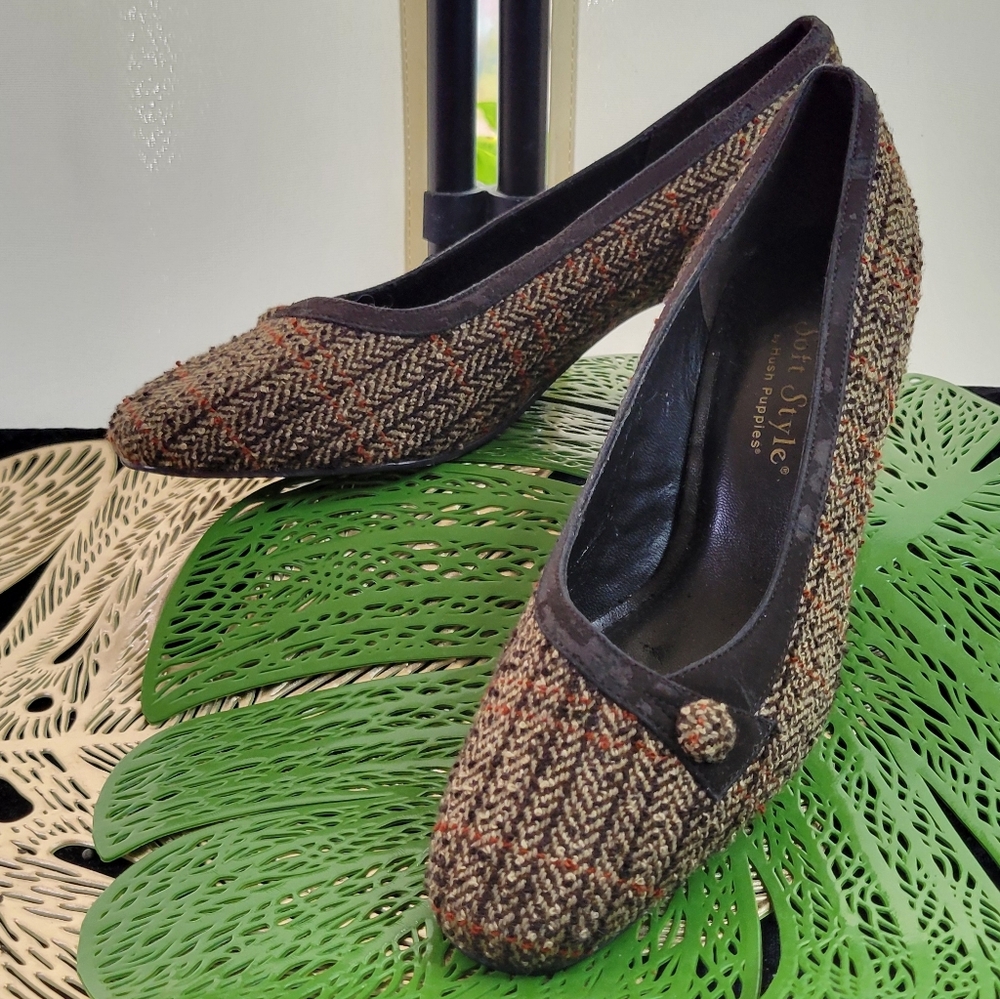 Soft Style Tweed Herringbone Heels Brown Plaid Pump Classic Retro Chic 👠✨ - Picture 6 of 16